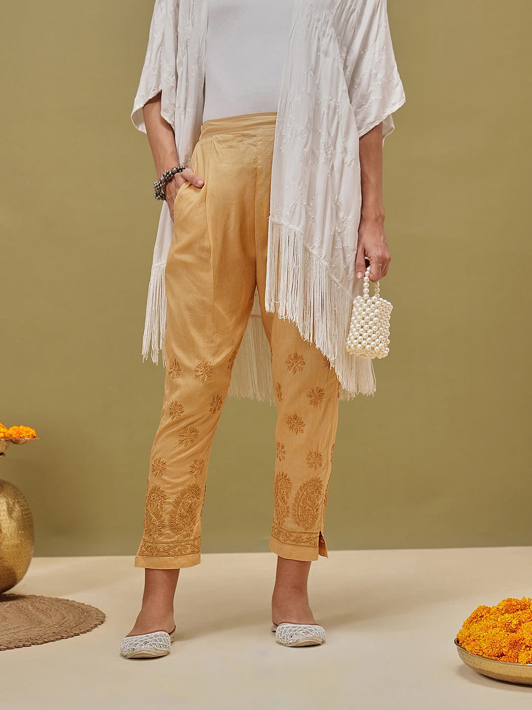 Ada Hand Embroidered Fawn Cotton Lucknowi Chikankari Palazzo A100586