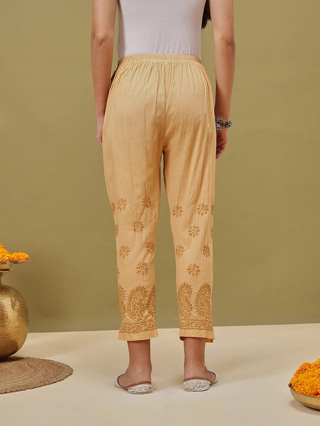 Ada Hand Embroidered Fawn Cotton Lucknowi Chikankari Palazzo A100586