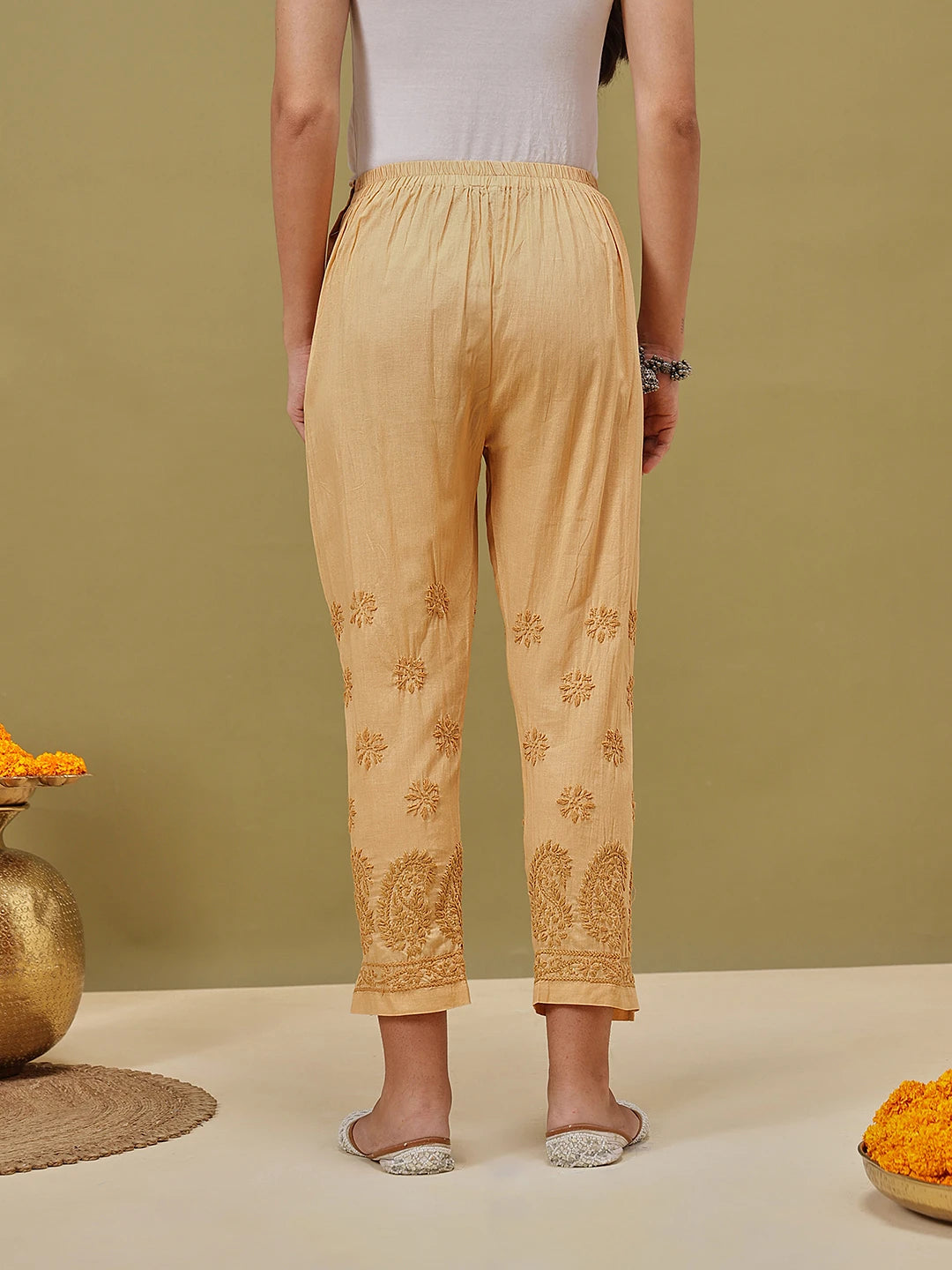 Ada Hand Embroidered Fawn Cotton Lucknowi Chikankari Palazzo A100586
