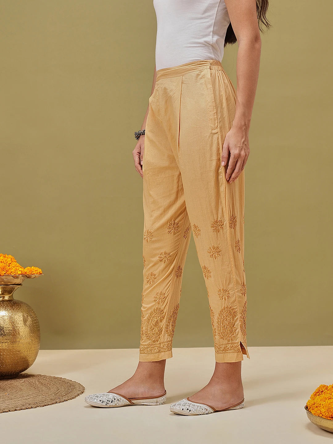Ada Hand Embroidered Fawn Cotton Lucknowi Chikankari Palazzo A100586