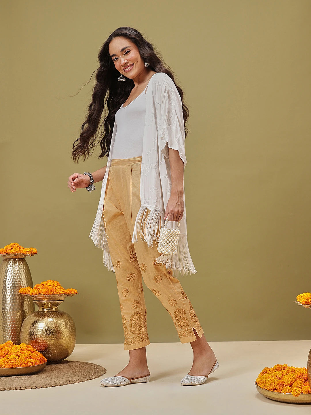 Ada Hand Embroidered Fawn Cotton Lucknowi Chikankari Palazzo A100586