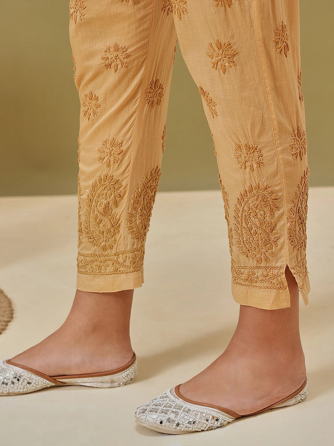 Ada Hand Embroidered Fawn Cotton Lucknowi Chikankari Palazzo A100586