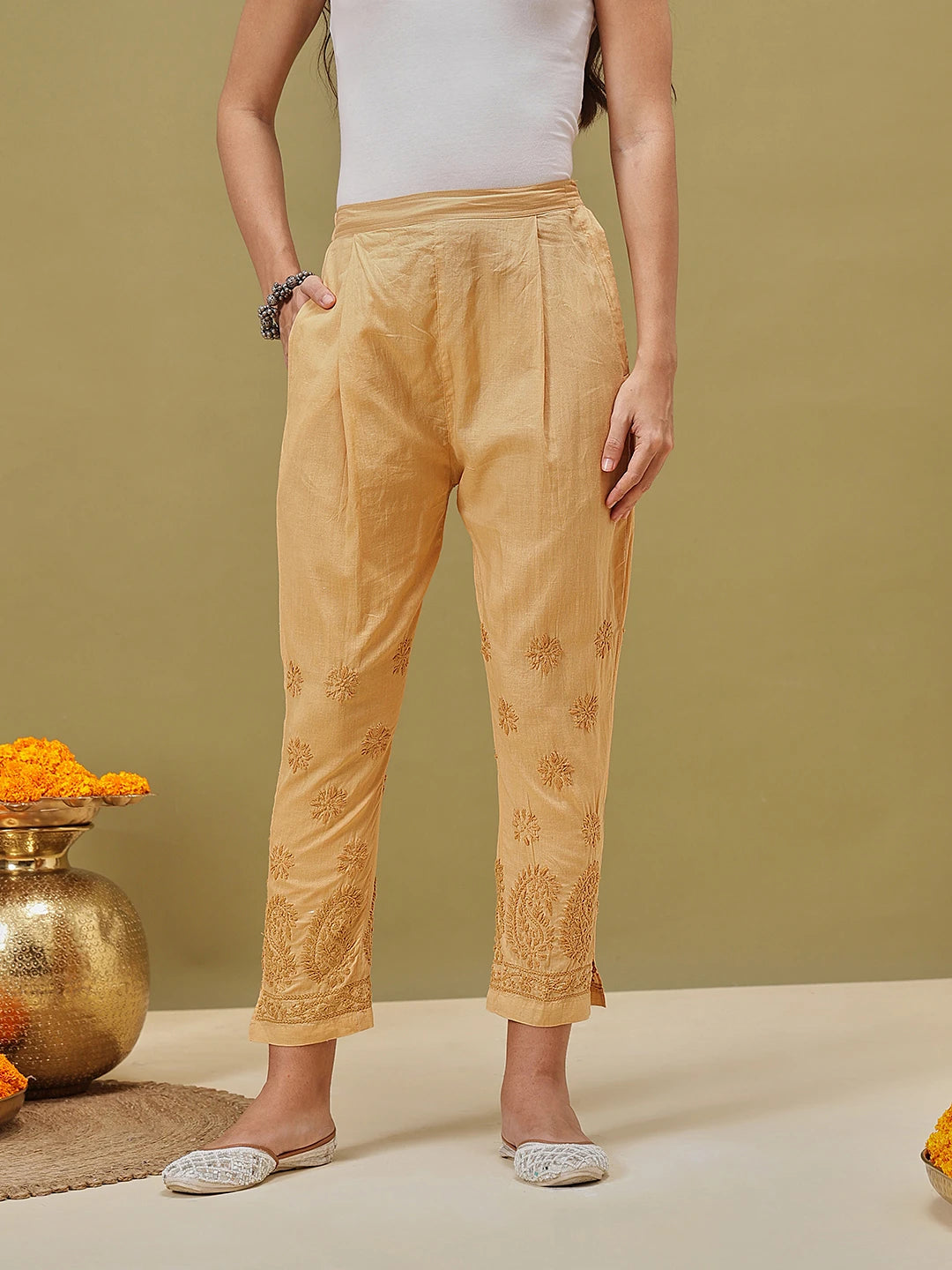 Ada Hand Embroidered Fawn Cotton Lucknowi Chikankari Palazzo A100586