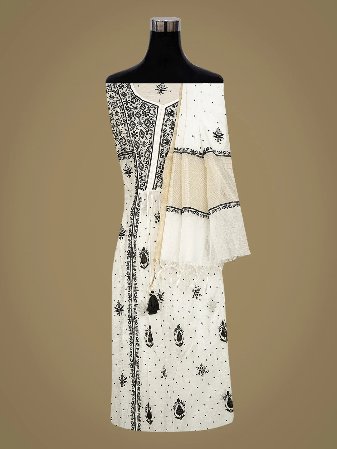 Ada Hand Embroidered White Chanderi Lucknowi Chikankari Semi-Stitched Kurta Dupatta Set With Pearl Work 01A809066