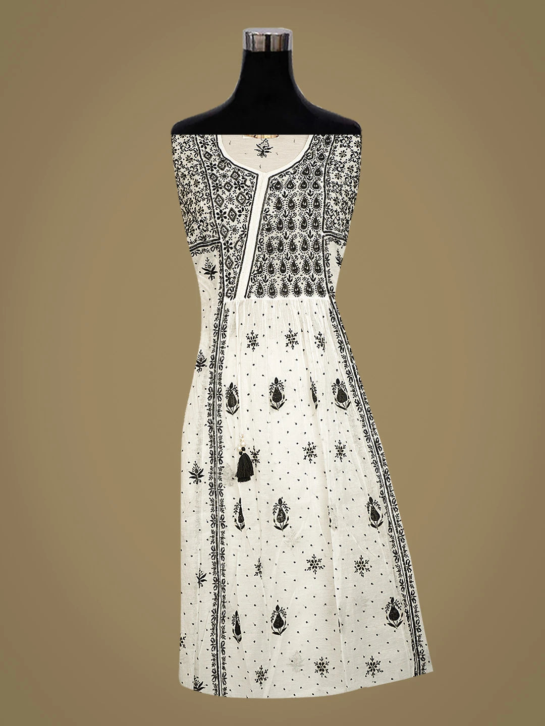 Ada Hand Embroidered White Chanderi Lucknowi Chikankari Semi-Stitched Kurta Dupatta Set With Pearl Work 01A809066