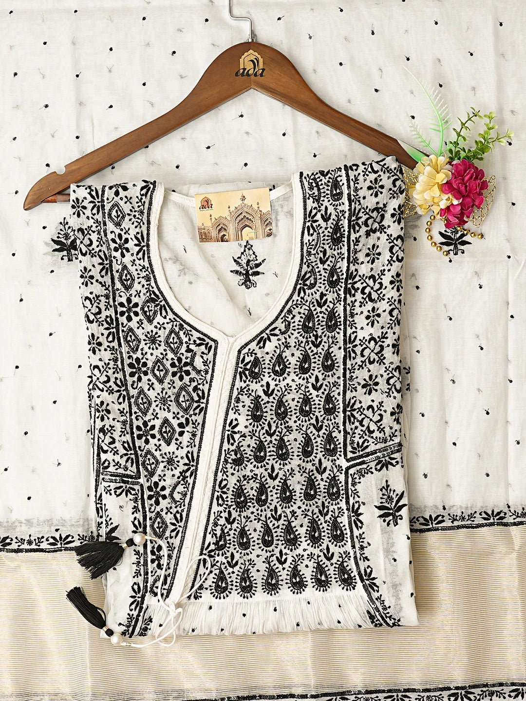 Ada Hand Embroidered White Chanderi Lucknowi Chikankari Semi-Stitched Kurta Dupatta Set With Pearl Work 01A809066