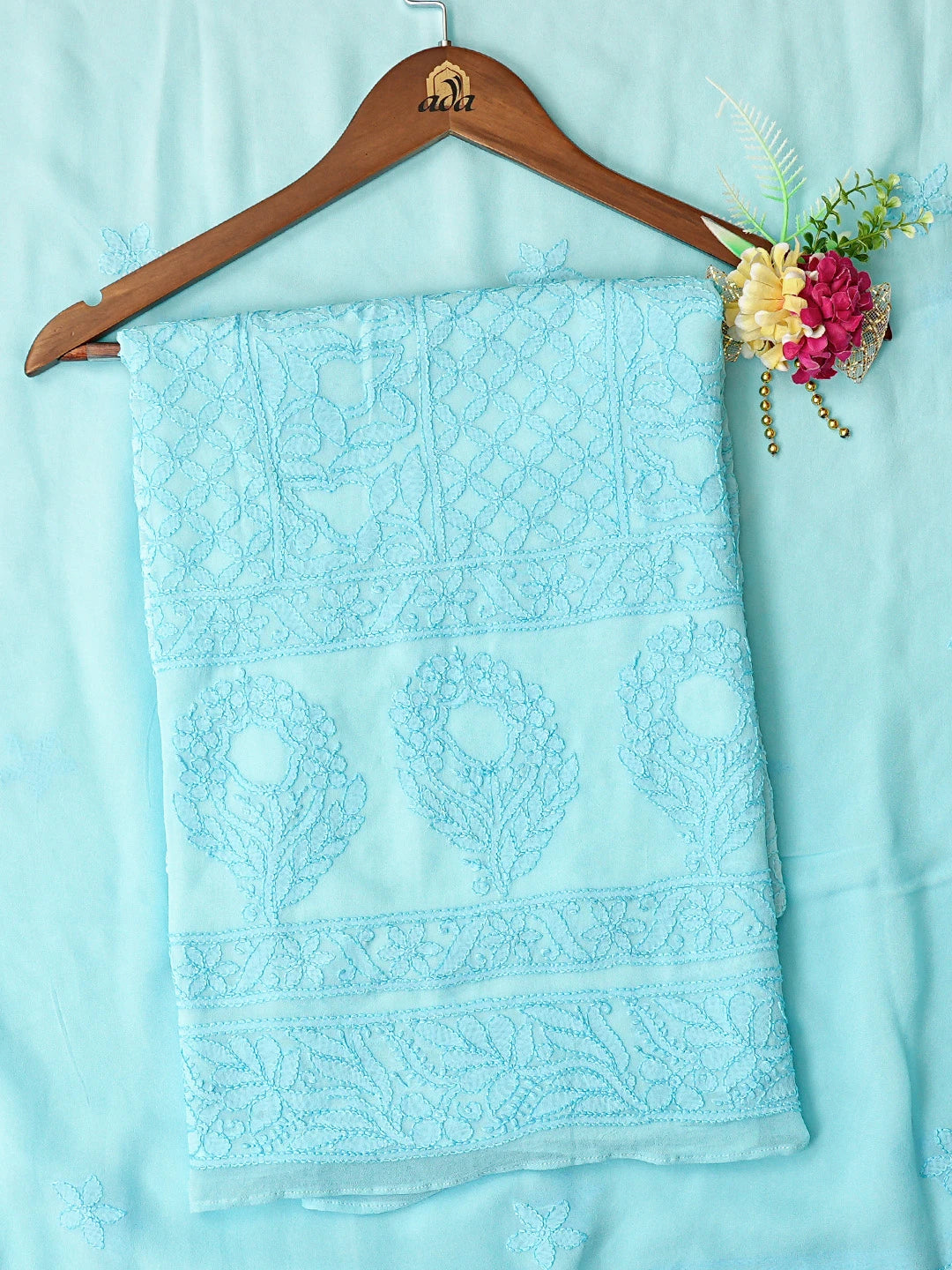 Ada Hand Embroidered Blue Viscose Georgette Lucknowi Chikankari Unstitched Kurta Dupatta Set 01A811118