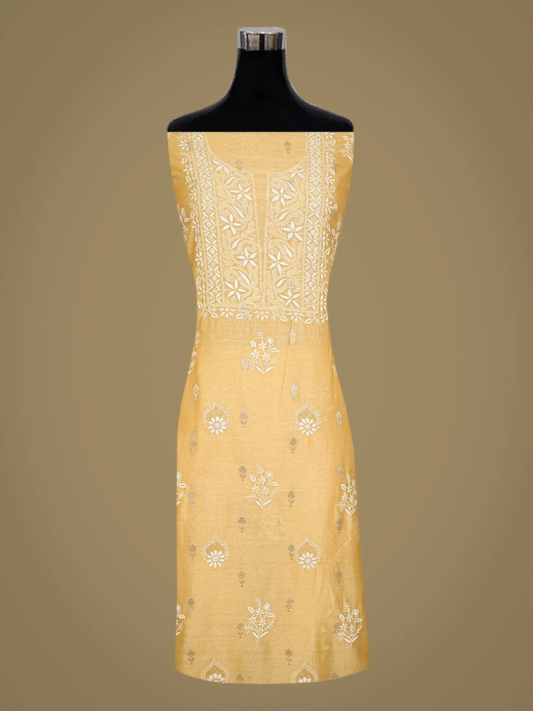 Ada Hand Embroidered Beige Chanderi Lucknowi Chikankari Unstitched Kurta Dupatta Set 01A843841