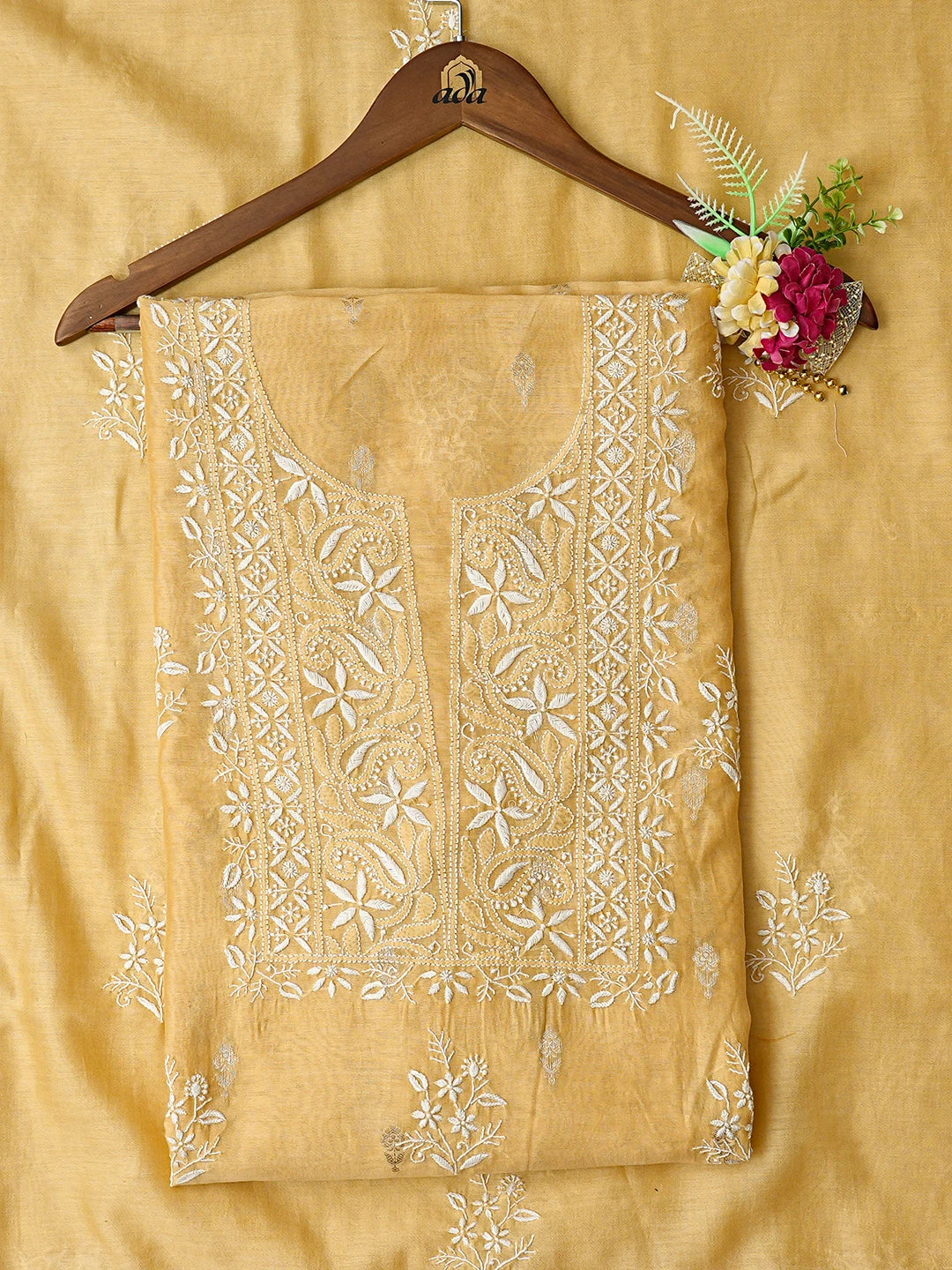 Ada Hand Embroidered Beige Chanderi Lucknowi Chikankari Unstitched Kurta Dupatta Set 01A843841