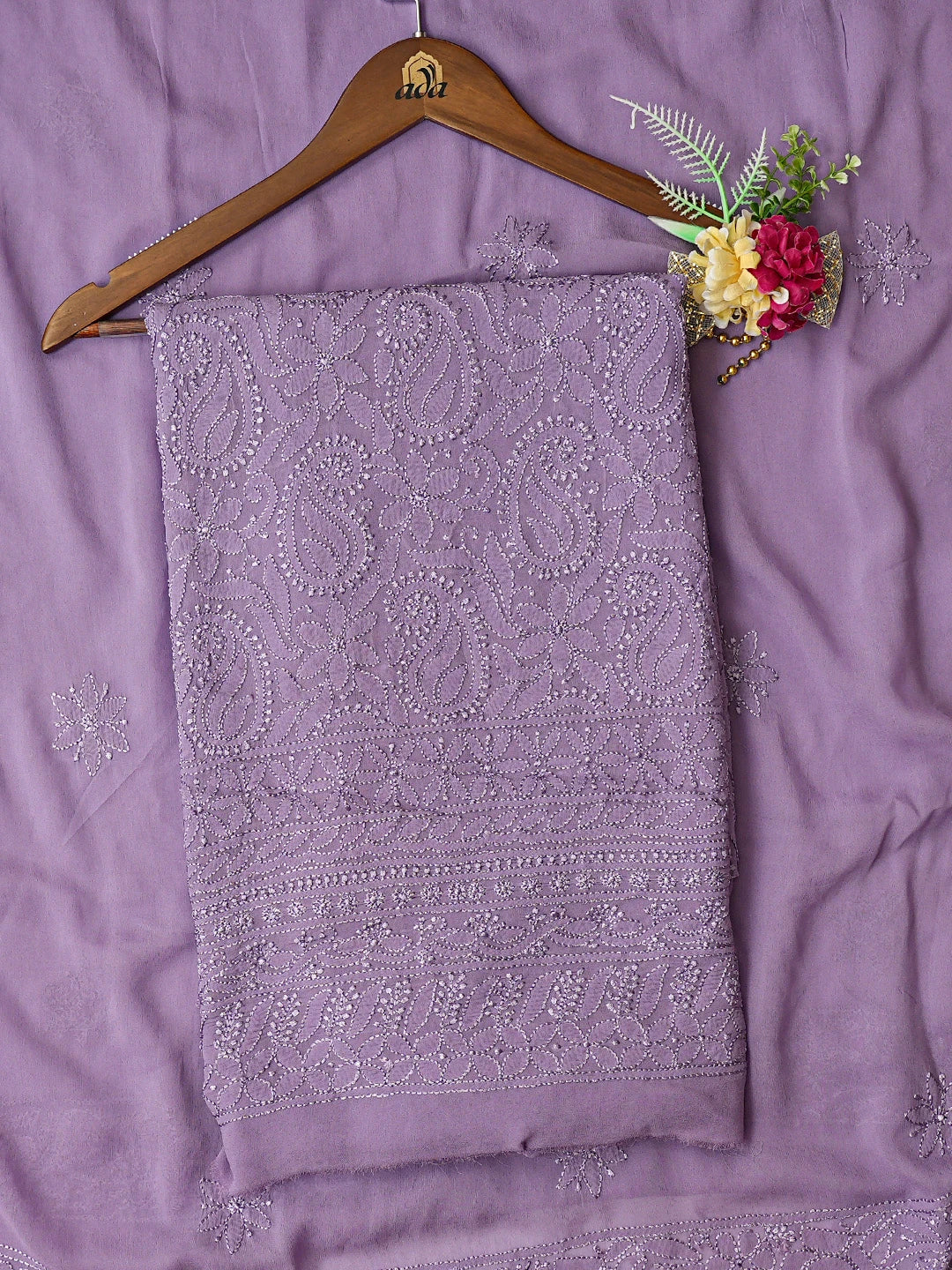 Ada Hand Embroidered Chinese Violet Viscose Georgette Lucknowi Chikankari Unstitched Kurta Dupatta Set 01A809948