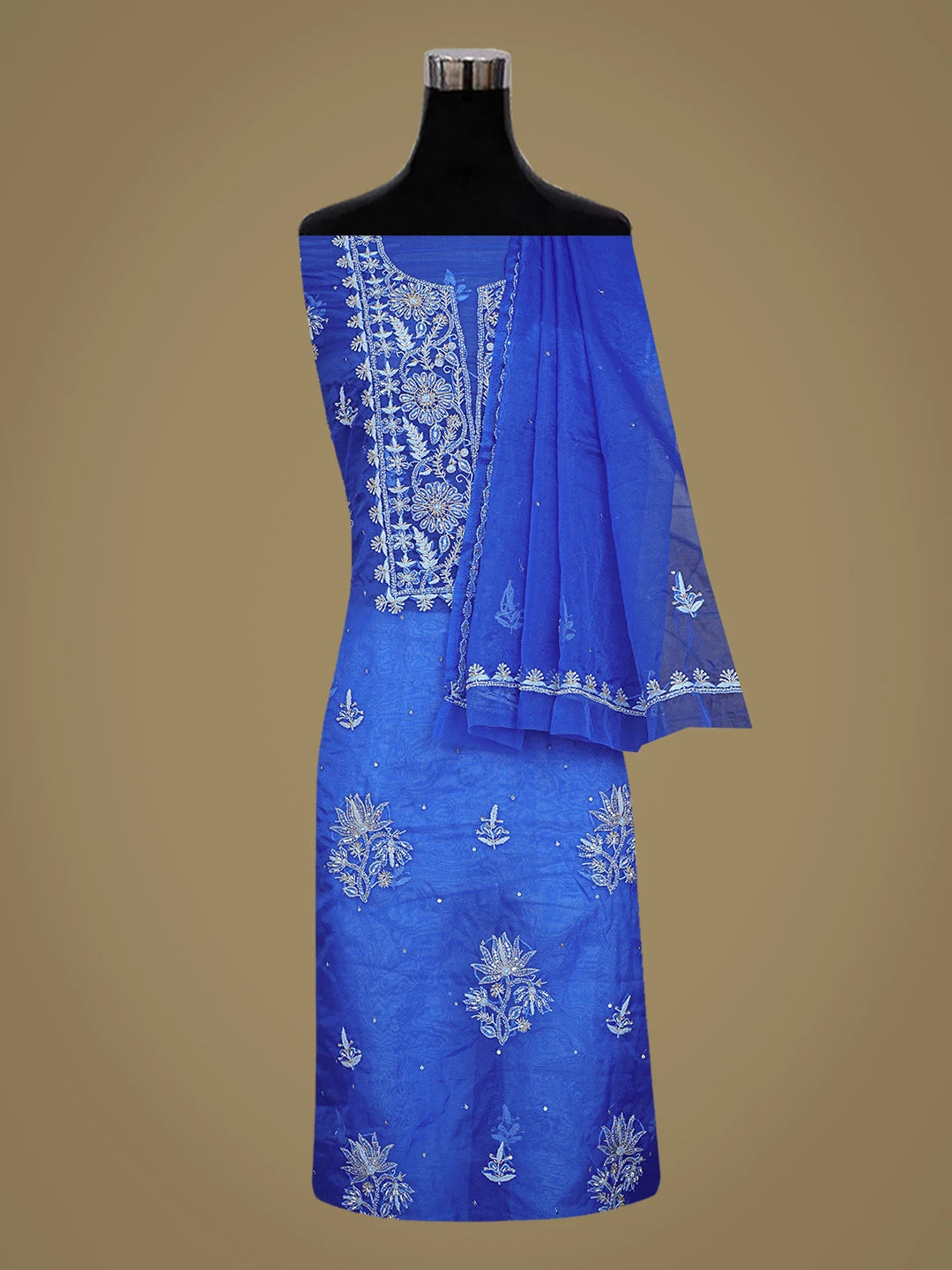 Ada Hand Embroidered Royal Blue Organza Lucknowi Chikankari Unstitched Kurta Dupatta Set With Sequinned Work 01A744068