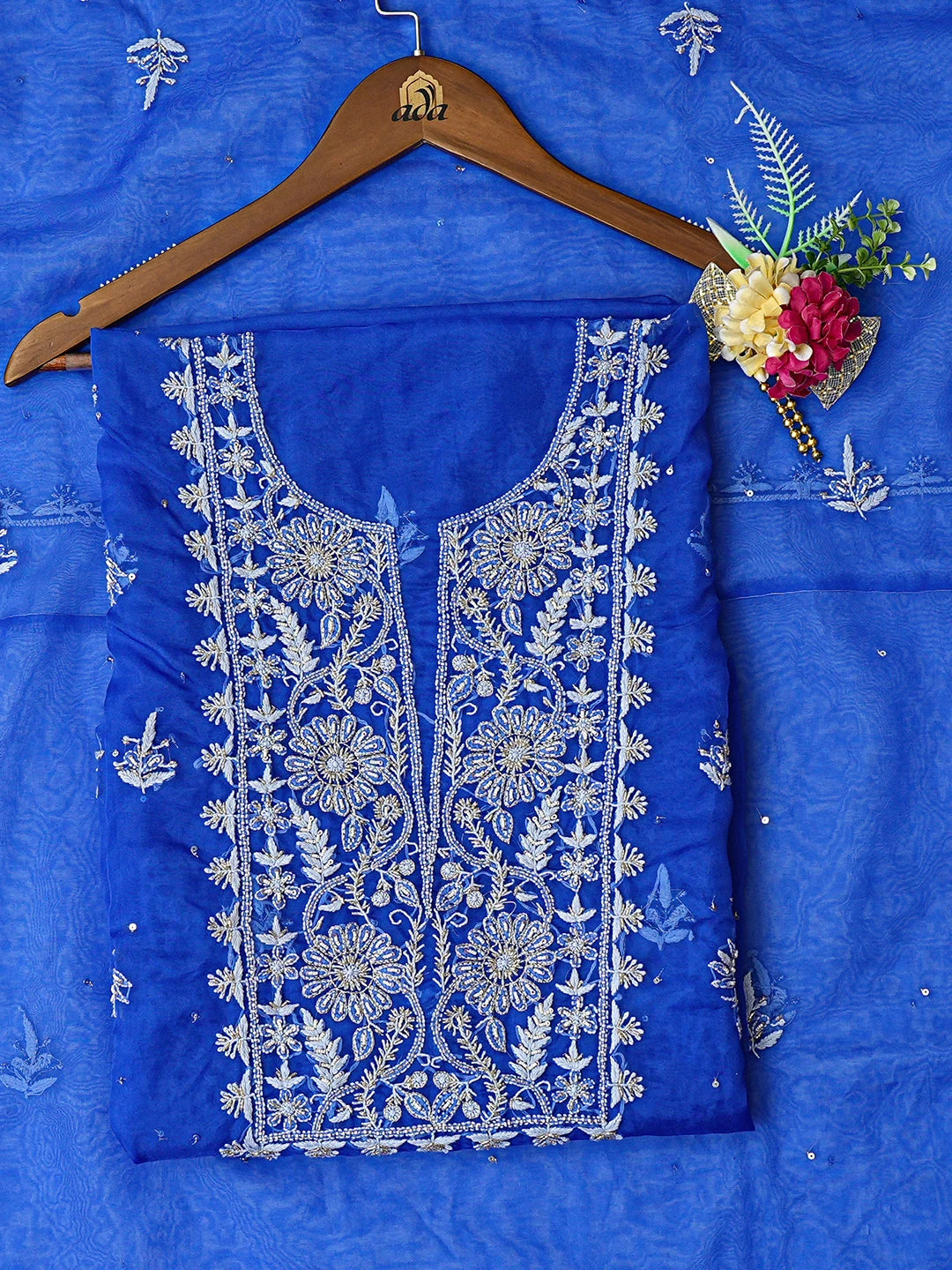 Ada Hand Embroidered Royal Blue Organza Lucknowi Chikankari Unstitched Kurta Dupatta Set With Sequinned Work 01A744068
