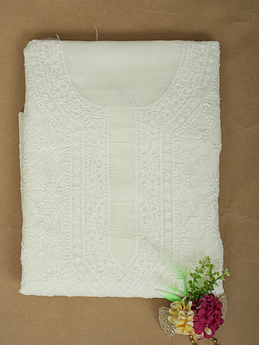Ada Hand Embroidered Cream Cotton Lucknowi Chikankari Unstitched Kurta Piece 01A844076