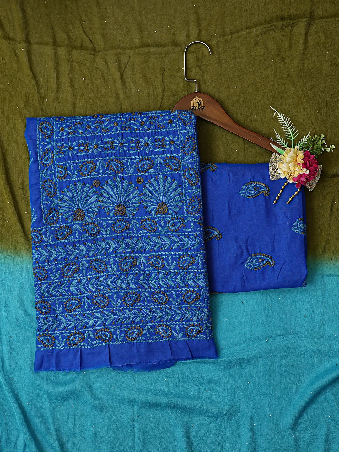 Ada Hand Embroidered Royal Blue Cotton Lucknowi Chikankari Unstitched Suit Piece 01A839724