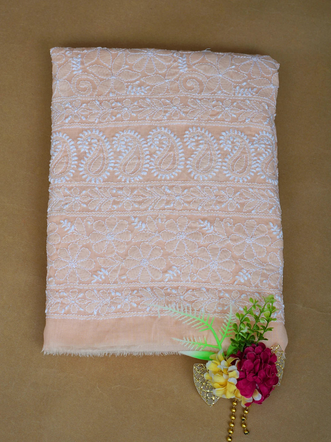 Ada Hand Embroidered Peach Cotton Lucknowi Chikankari Unstitched Kurta Piece 01A772920