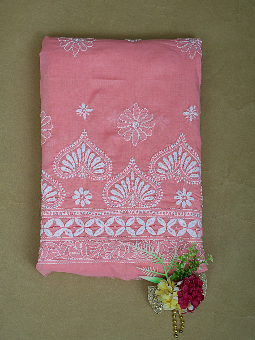 Ada Hand Embroidered Peach Bud Cotton Lucknowi Chikankari Unstitched Kurta Piece 01A718492