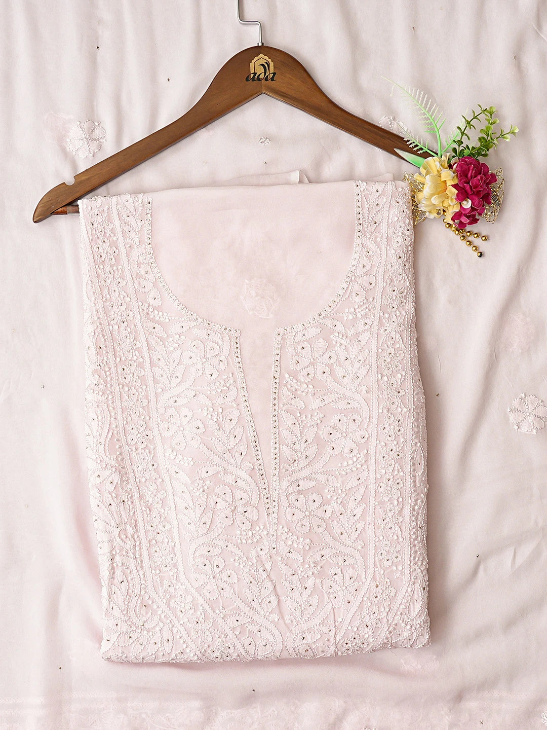 Ada Hand Embroidered Pink Viscose Georgette Lucknowi Chikankari Unstitched Kurta Dupatta Set With Mukaish Work 01A809993