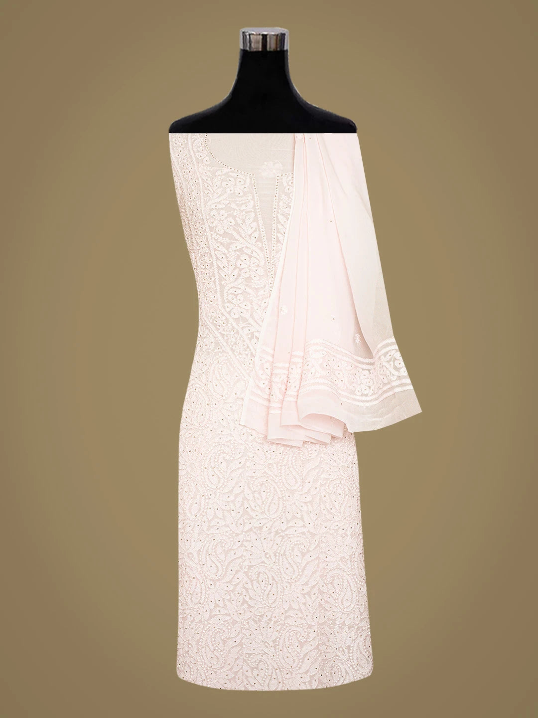 Ada Hand Embroidered Pink Viscose Georgette Lucknowi Chikankari Unstitched Kurta Dupatta Set With Mukaish Work 01A809993