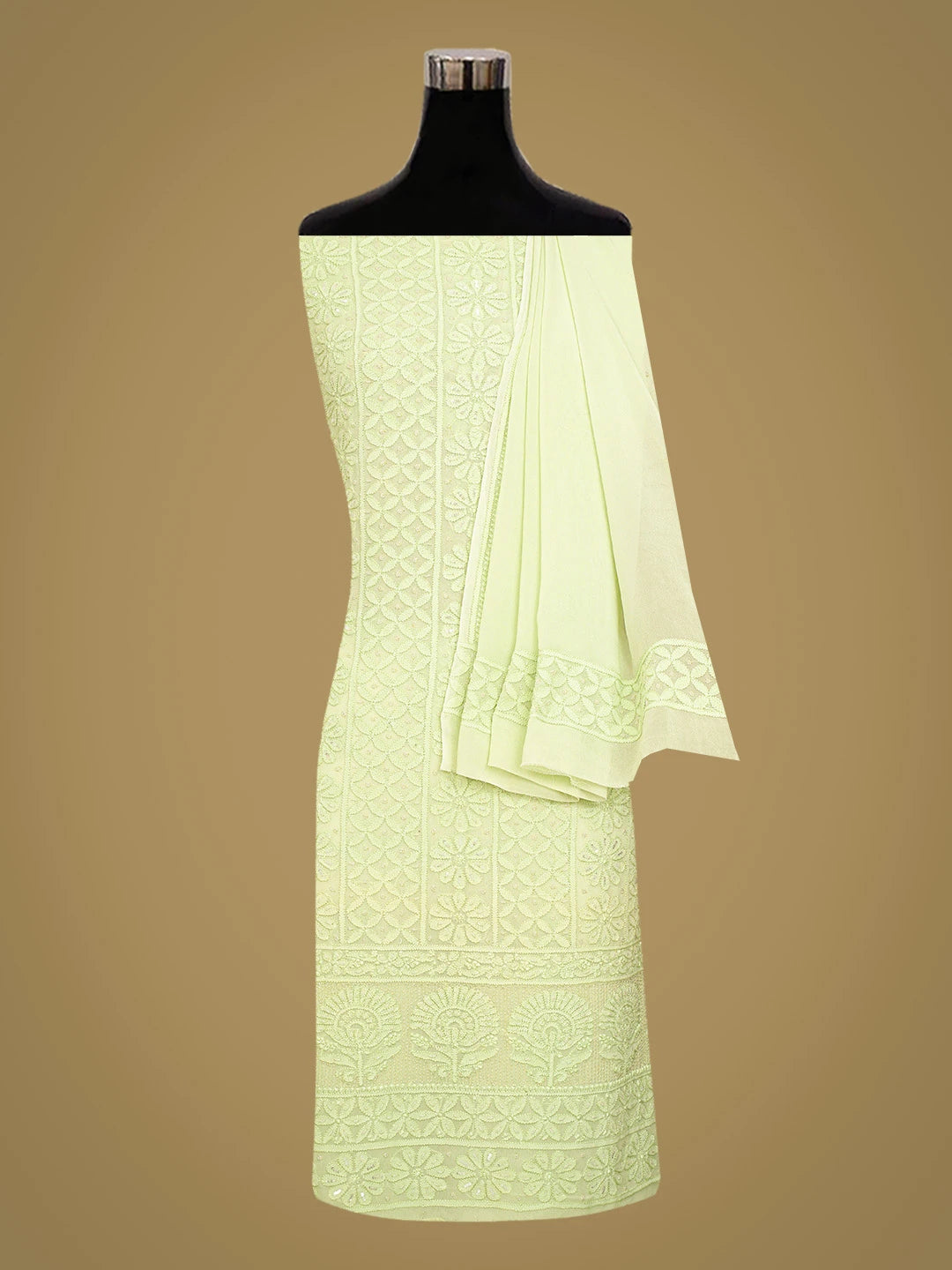 Ada Hand Embroidered Light Green Viscose Georgette Lucknowi Chikankari Unstitched Kurta Dupatta Set With Cutdana Work 01A789446