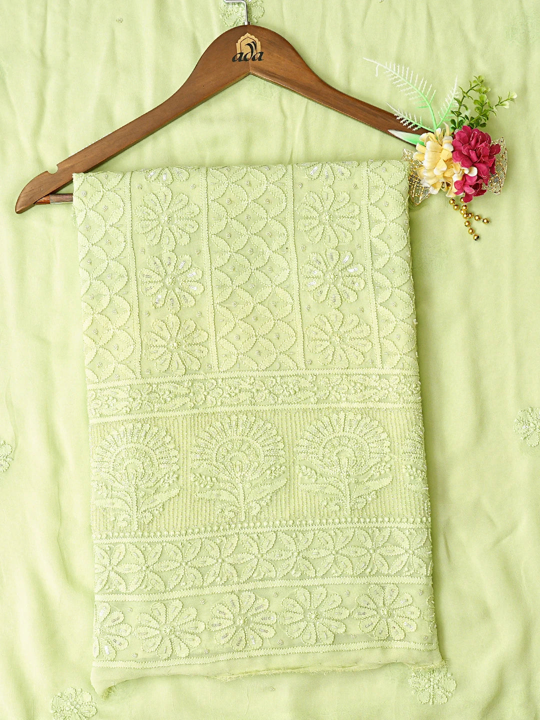Ada Hand Embroidered Light Green Viscose Georgette Lucknowi Chikankari Unstitched Kurta Dupatta Set With Cutdana Work 01A789446