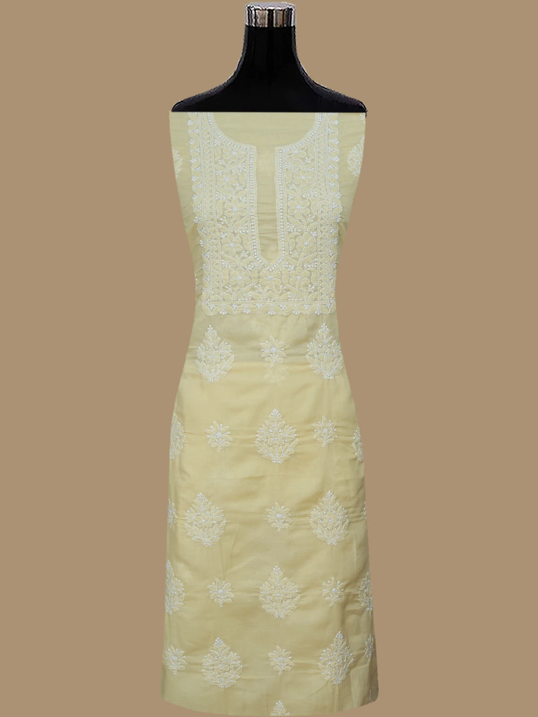 Ada Hand Embroidered Biscuit Yellow Cotton Lucknowi Chikankari Unstitched Kurta Piece 01A772849