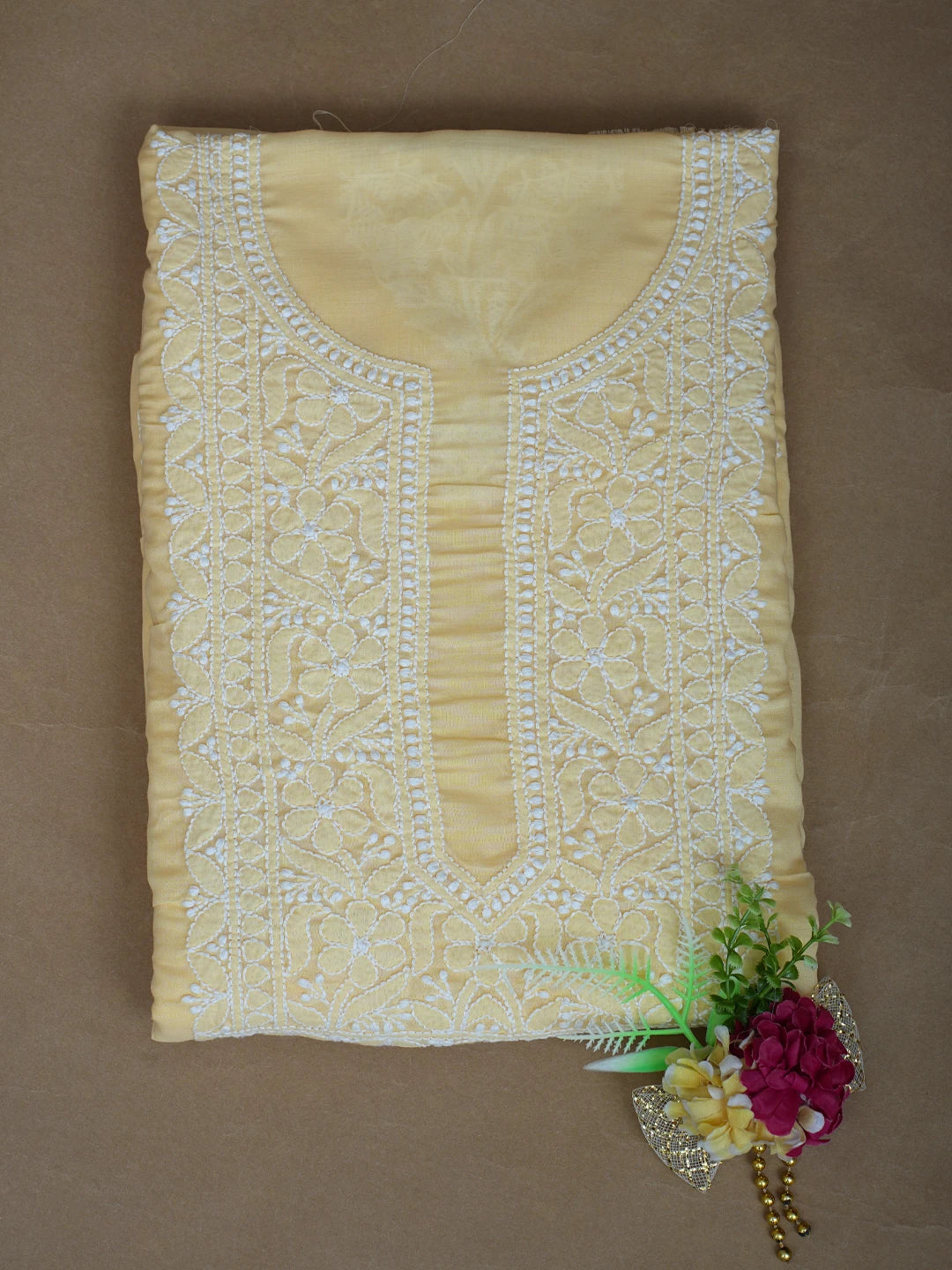 Ada Hand Embroidered Biscuit Yellow Cotton Lucknowi Chikankari Unstitched Kurta Piece 01A772849