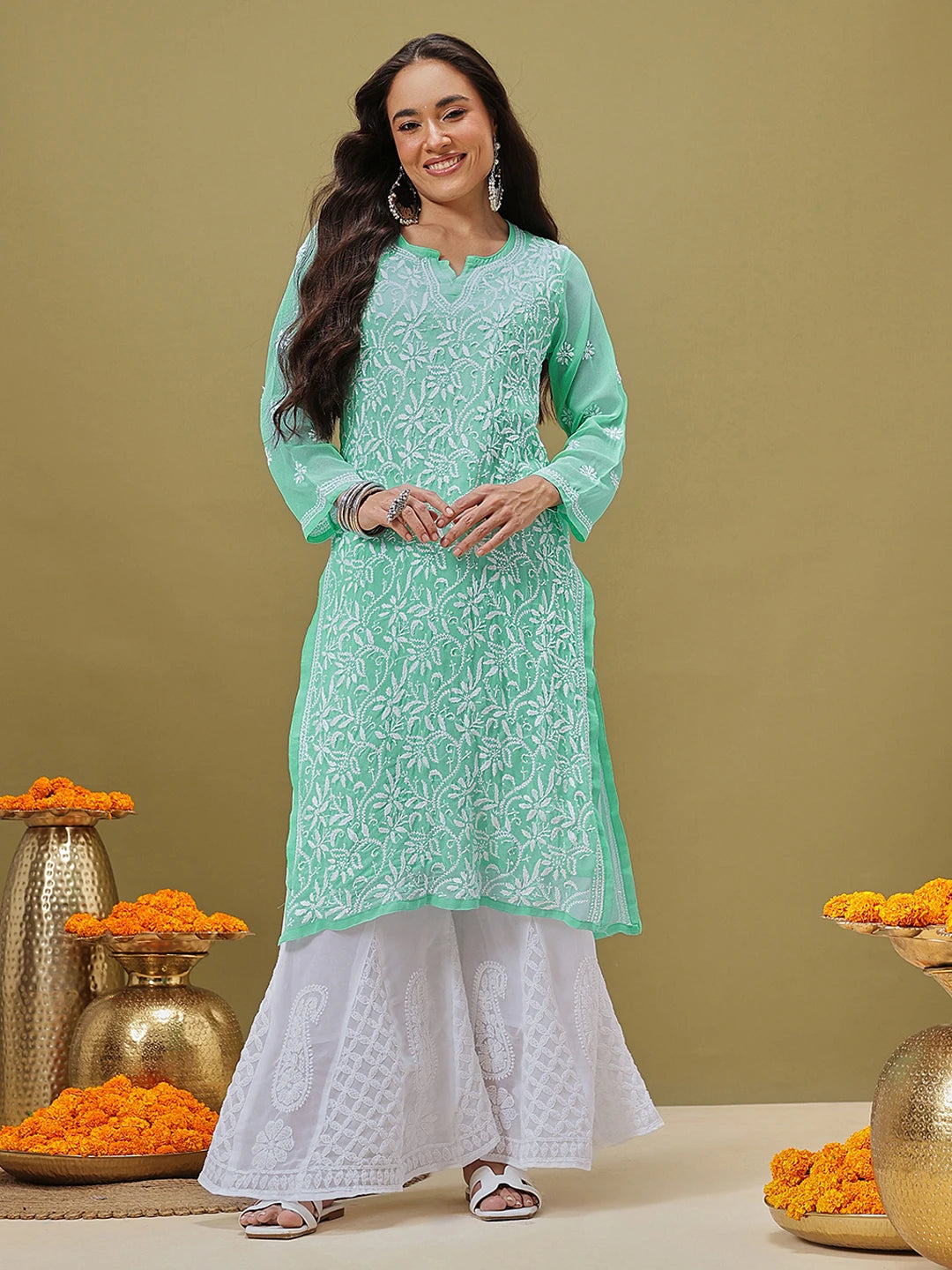 Ada Hand Embroidered Green Georgette Lucknow Chikankari Straight Kurta with Slip A184712