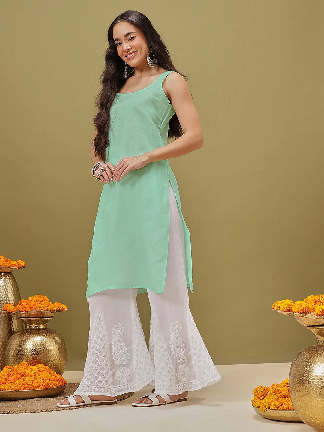 Ada Hand Embroidered Green Georgette Lucknow Chikankari Straight Kurta with Slip A184712