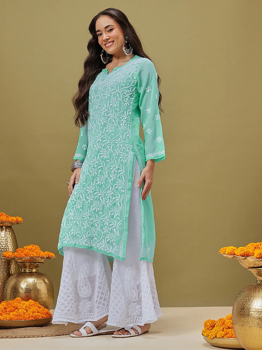 Ada Hand Embroidered Green Georgette Lucknow Chikankari Straight Kurta with Slip A184712