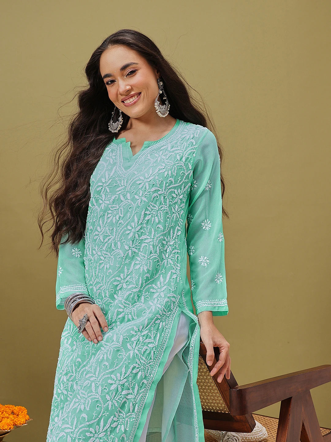 Ada Hand Embroidered Green Georgette Lucknow Chikankari Straight Kurta with Slip A184712