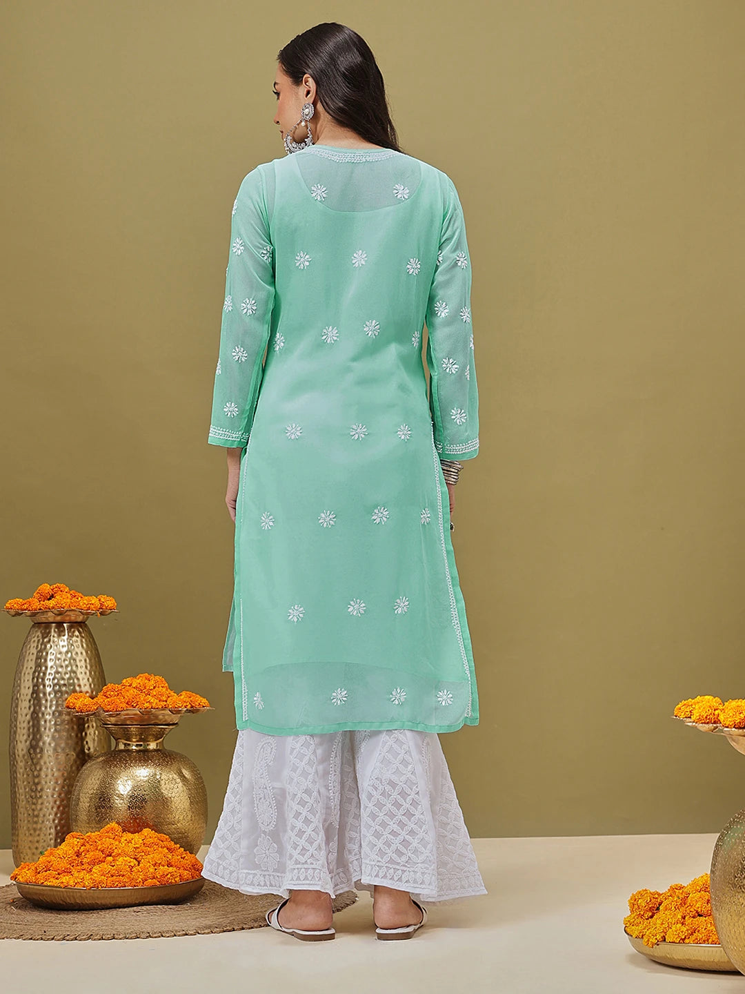 Ada Hand Embroidered Green Georgette Lucknow Chikankari Straight Kurta with Slip A184712
