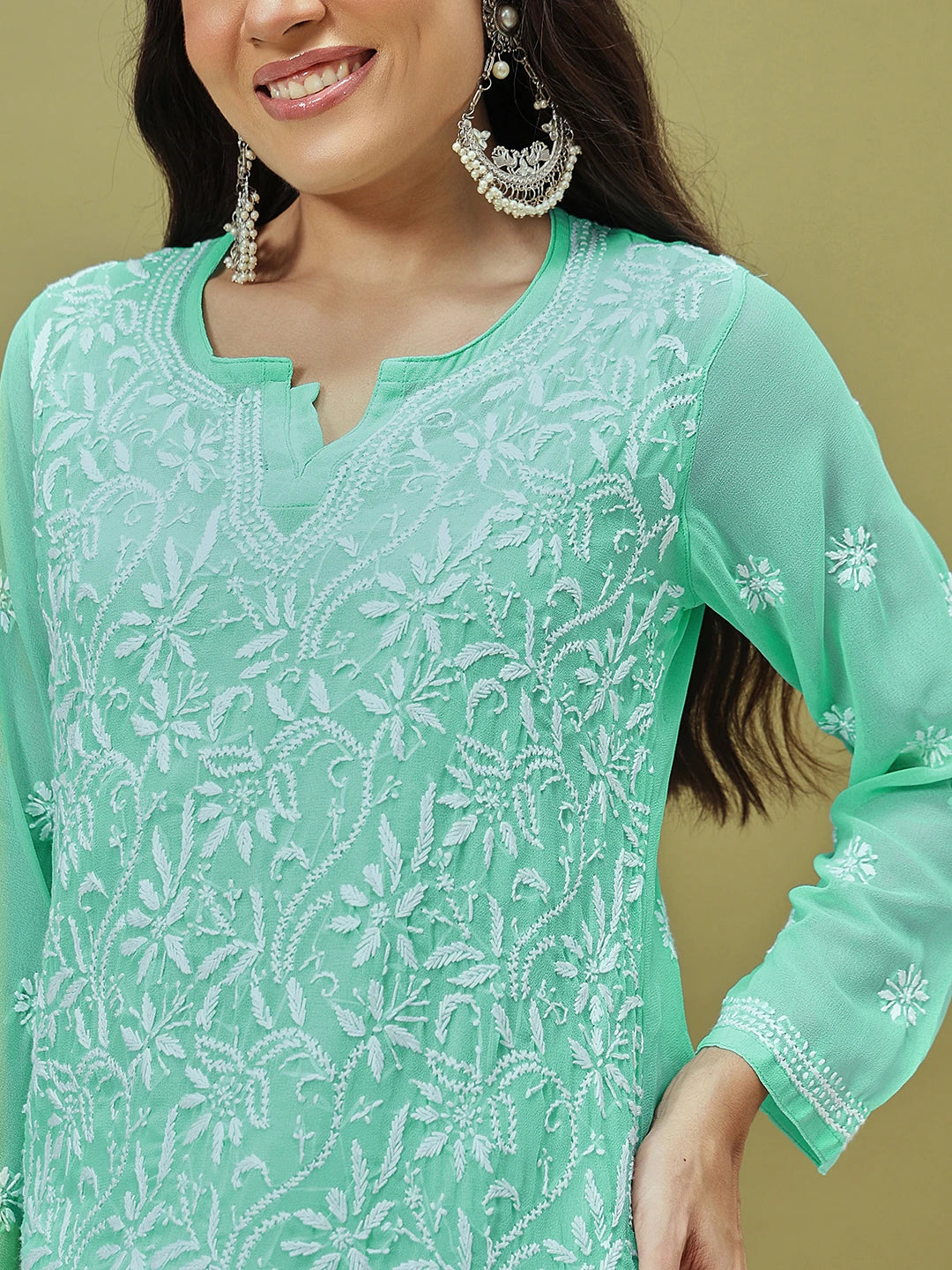 Ada Hand Embroidered Green Georgette Lucknow Chikankari Straight Kurta with Slip A184712