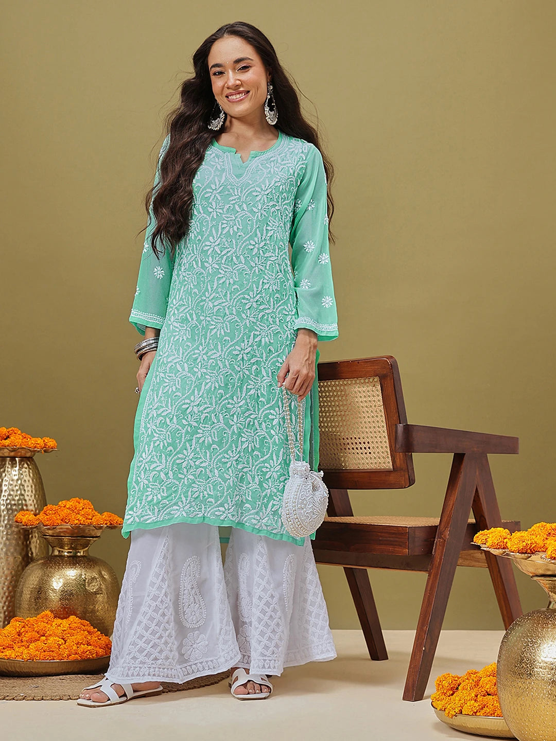 Ada Hand Embroidered Green Georgette Lucknow Chikankari Straight Kurta with Slip A184712