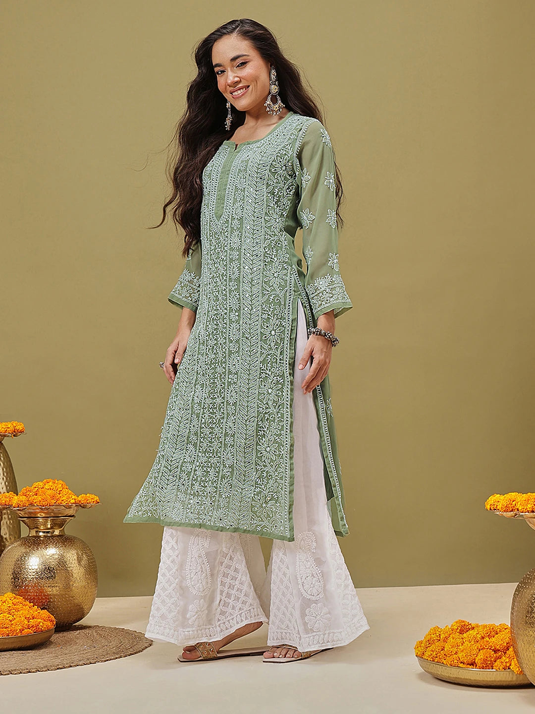 Ada Hand Embroidered Green Georgette Lucknow Chikankari Kurta/Slip with Muqaish Work A411217
