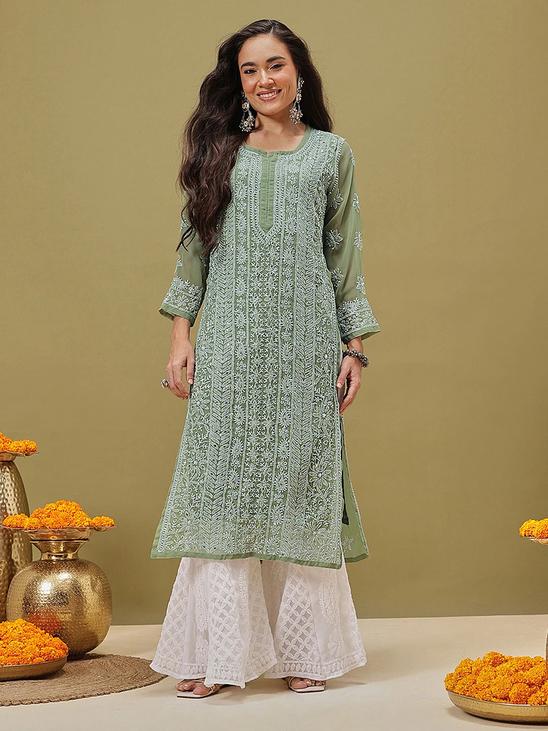 Ada Hand Embroidered Green Georgette Lucknow Chikankari Kurta/Slip with Muqaish Work A411217