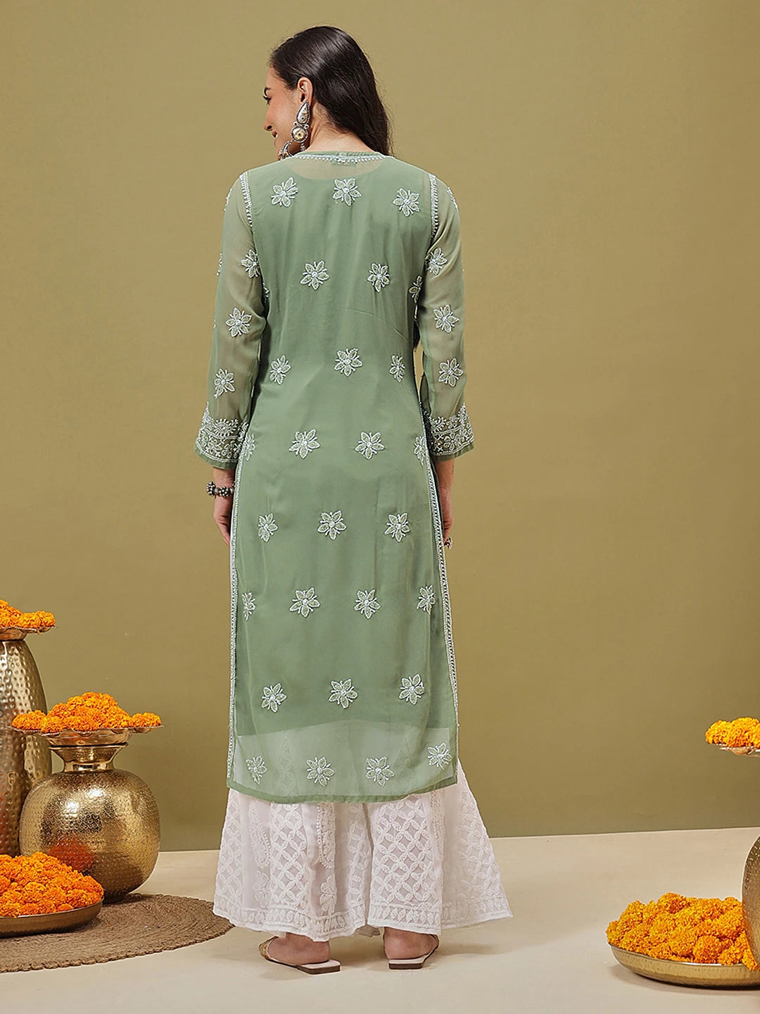 Ada Hand Embroidered Green Georgette Lucknow Chikankari Kurta/Slip with Muqaish Work A411217