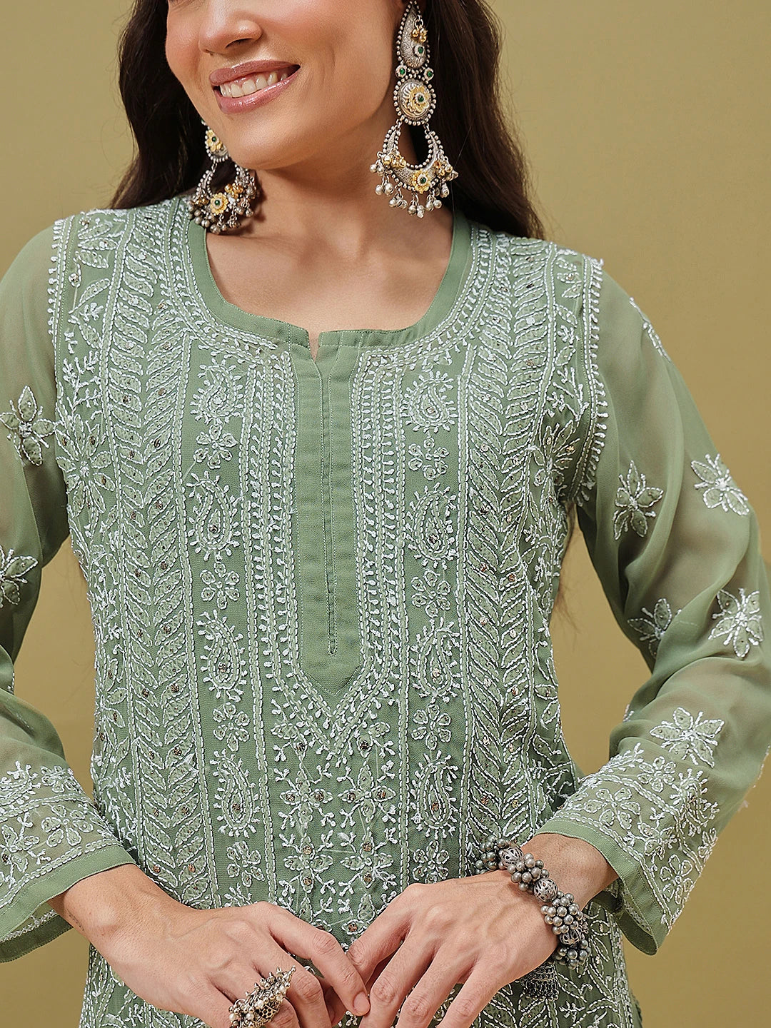 Ada Hand Embroidered Green Georgette Lucknow Chikankari Kurta/Slip with Muqaish Work A411217