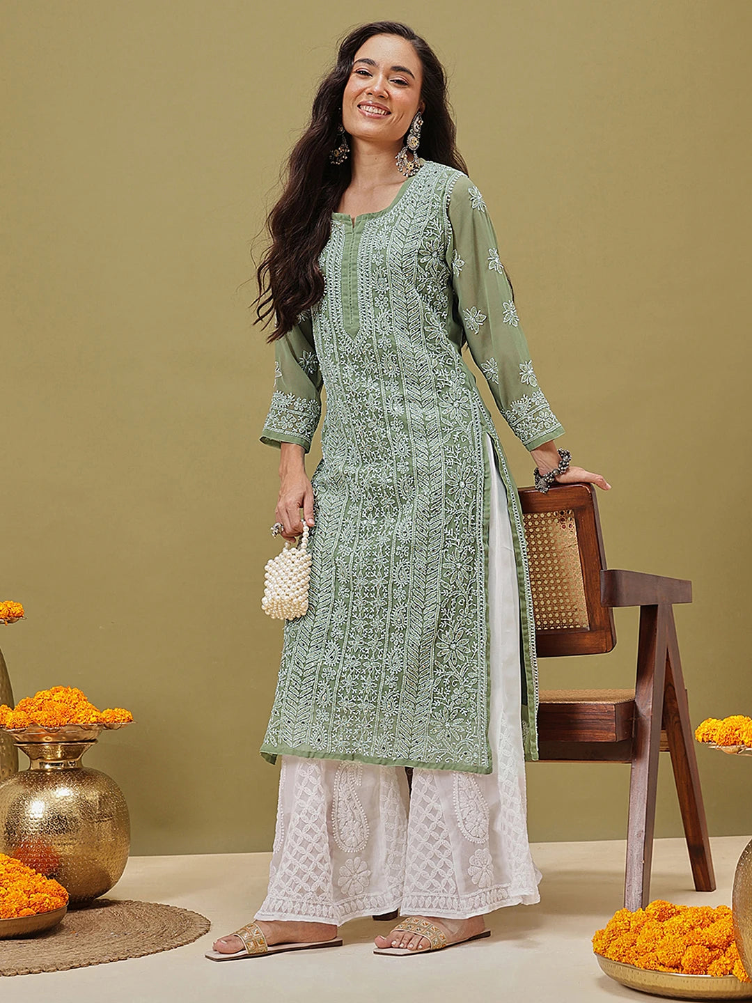 Ada Hand Embroidered Green Georgette Lucknow Chikankari Kurta/Slip with Muqaish Work A411217