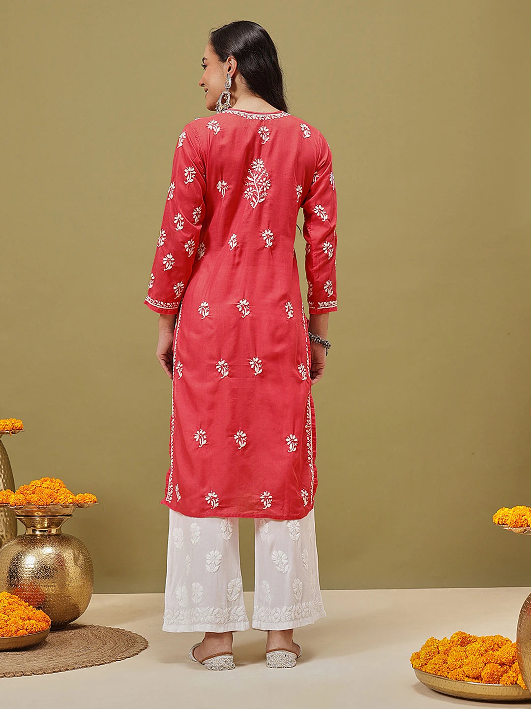 Ada Hand Embroidered Deep Pink Cotton Lucknowi Chikan Straight Kurta A411118