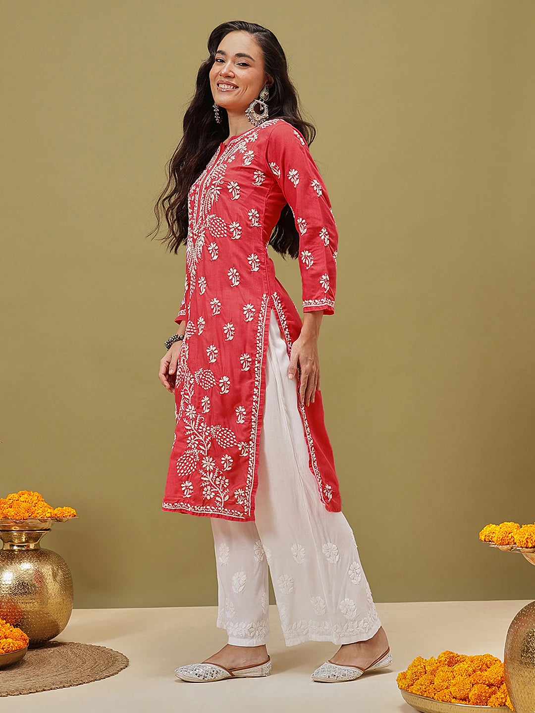 Ada Hand Embroidered Deep Pink Cotton Lucknowi Chikan Straight Kurta A411118