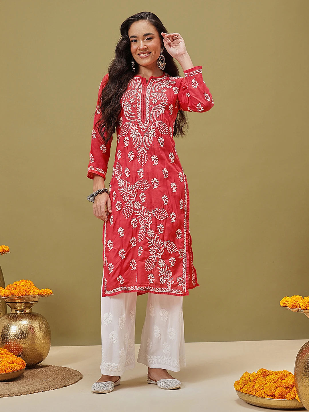 Ada Hand Embroidered Deep Pink Cotton Lucknowi Chikan Straight Kurta A411118