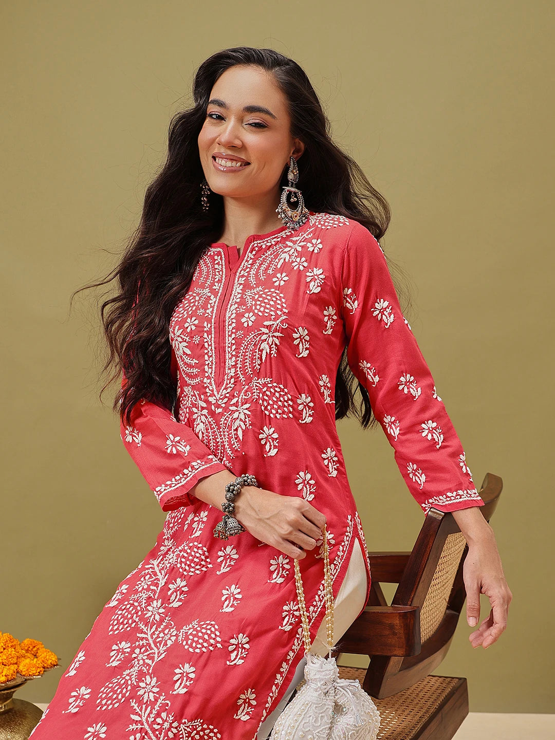 Ada Hand Embroidered Deep Pink Cotton Lucknowi Chikan Straight Kurta A411118