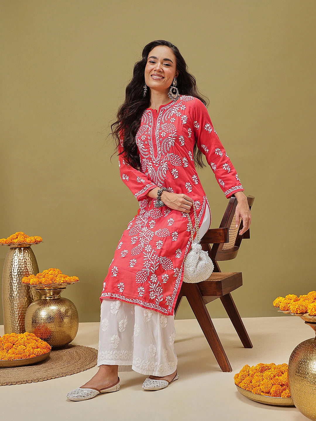 Ada Hand Embroidered Deep Pink Cotton Lucknowi Chikan Straight Kurta A411118