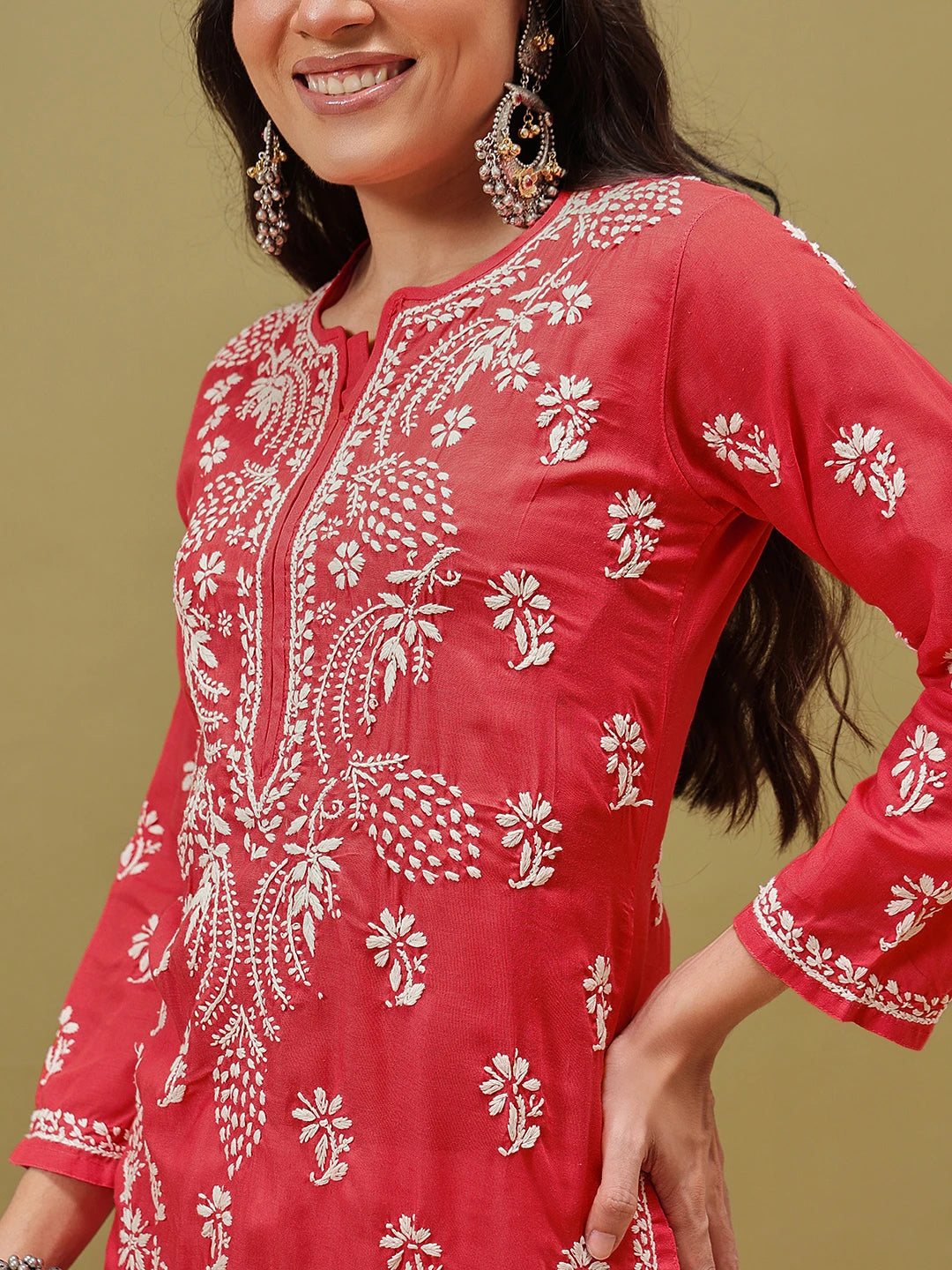 Ada Hand Embroidered Deep Pink Cotton Lucknowi Chikan Straight Kurta A411118