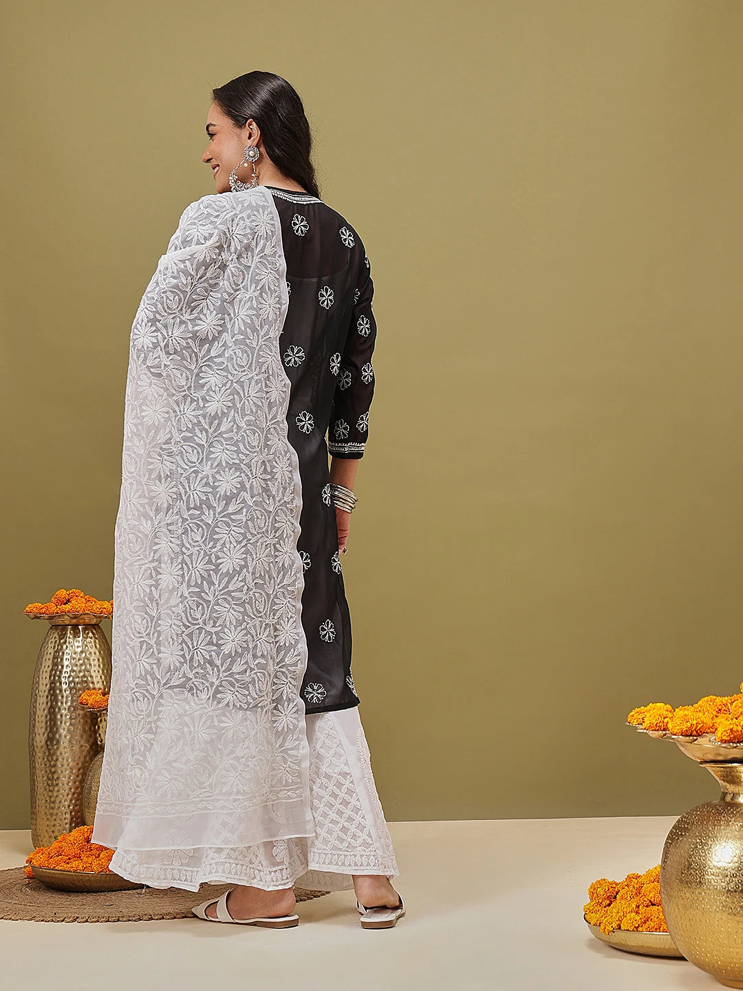 Ada Hand Embroidered White Georgette Lucknowi Chikankari Dupatta A511229