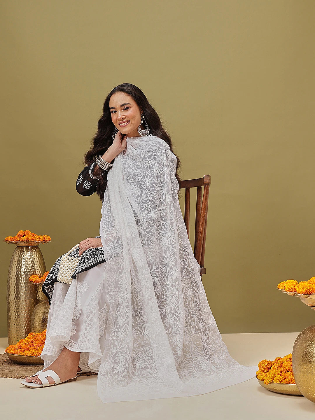 Ada Hand Embroidered White Georgette Lucknowi Chikankari Dupatta A511229
