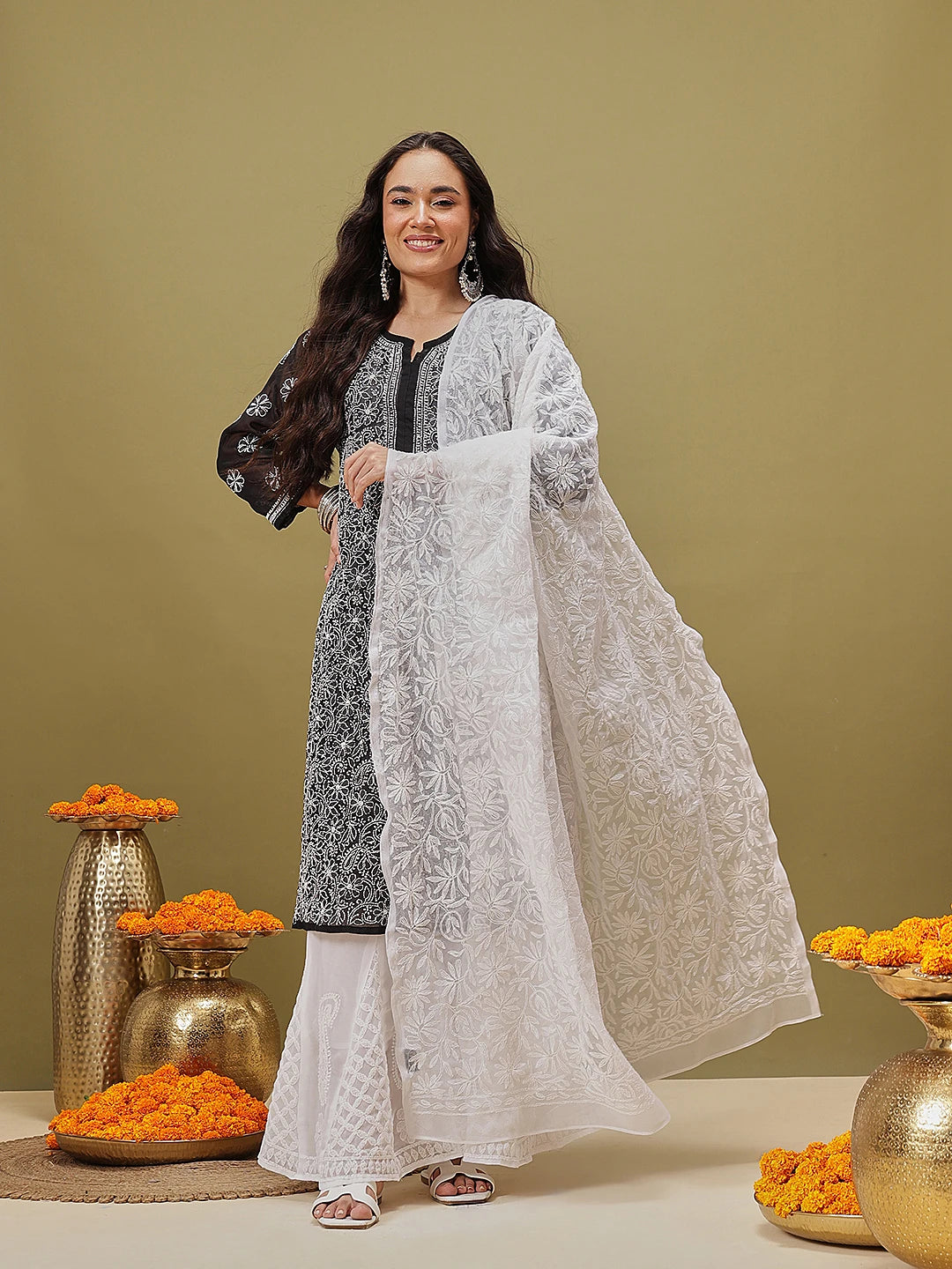 Ada Hand Embroidered White Georgette Lucknowi Chikankari Dupatta A511229