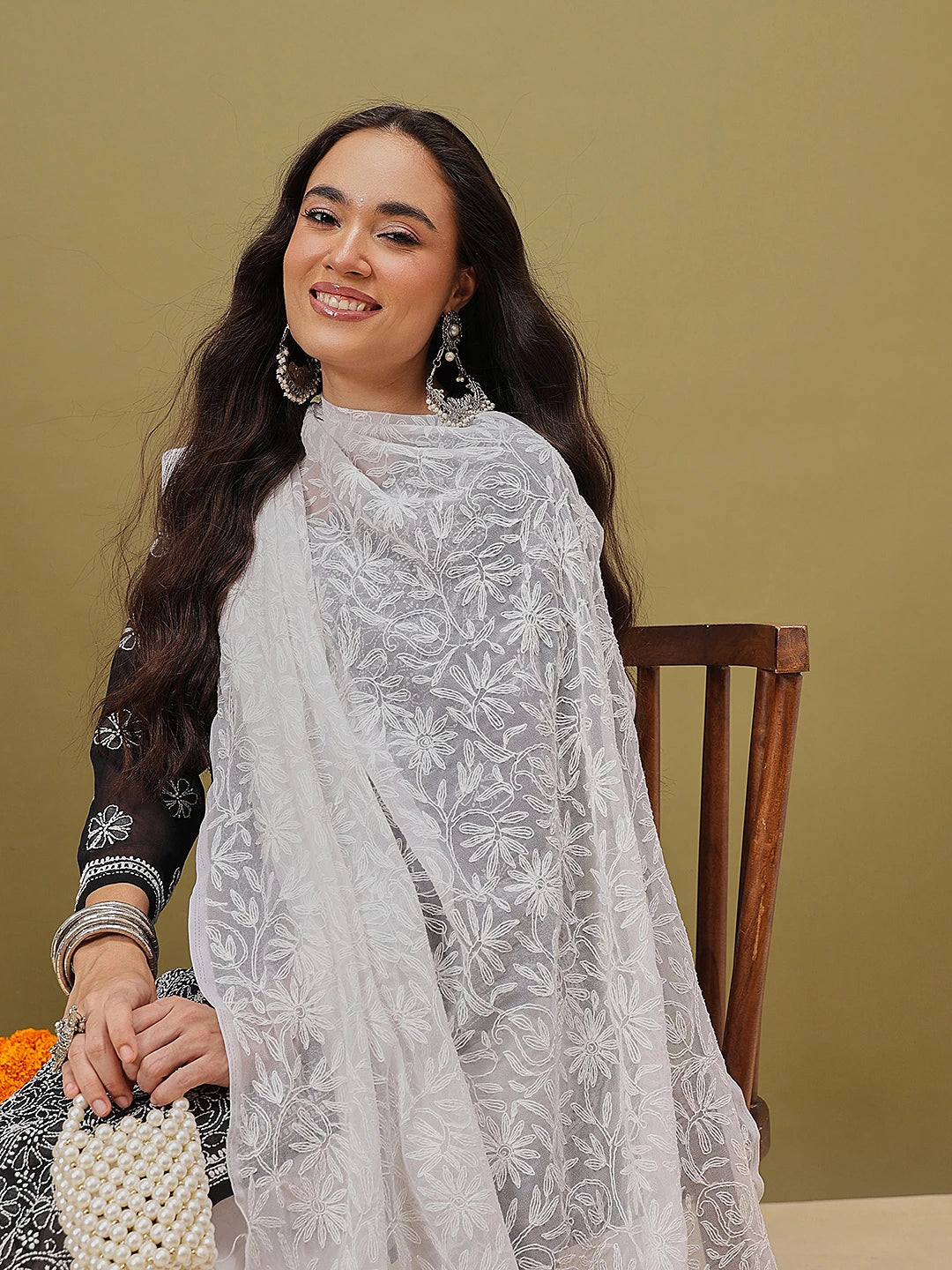 Ada Hand Embroidered White Georgette Lucknowi Chikankari Dupatta A511229