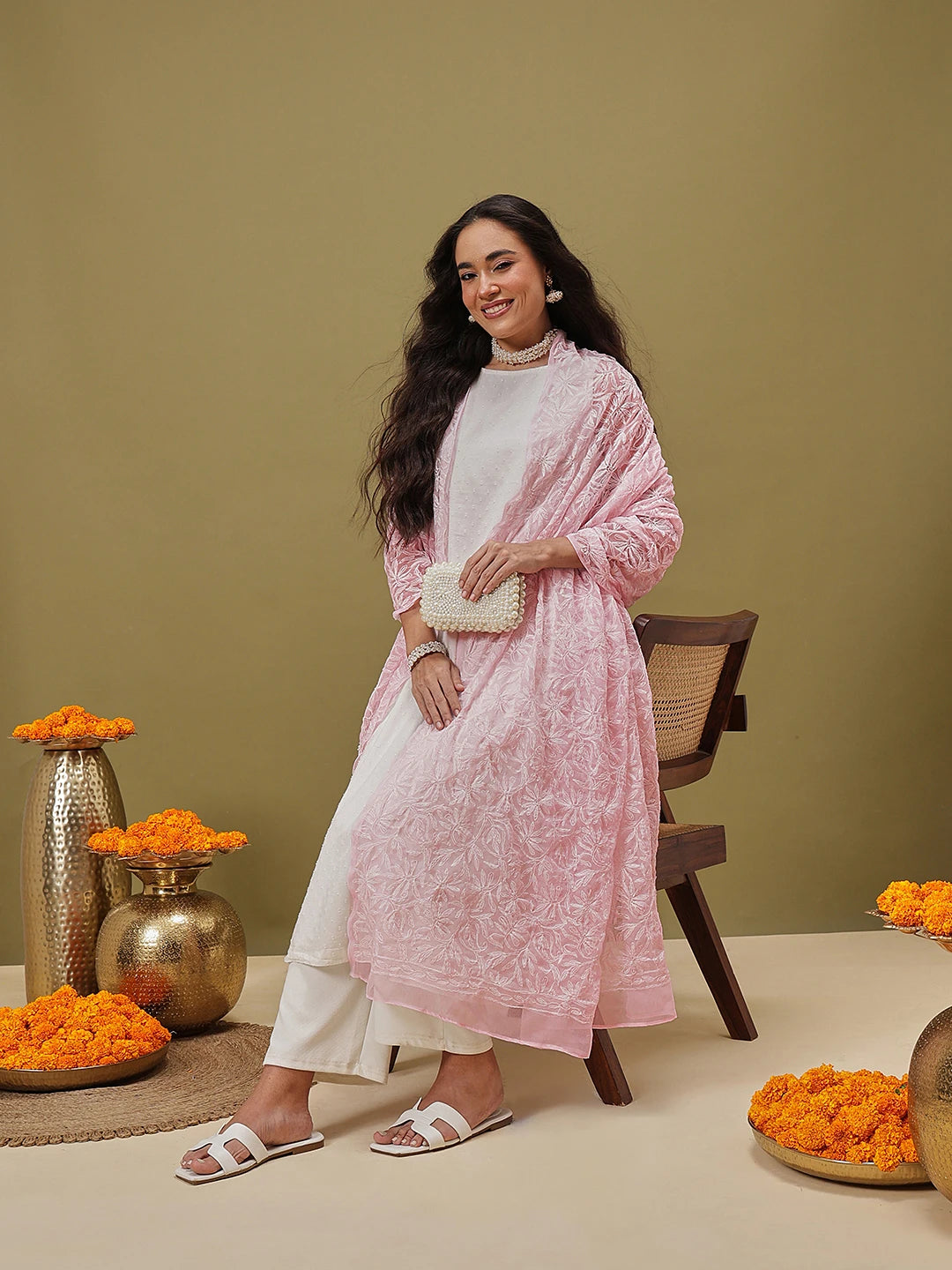 Ada Hand Embroidered Baby Pink Georgette Lucknowi Chikankari Dupatta A511230