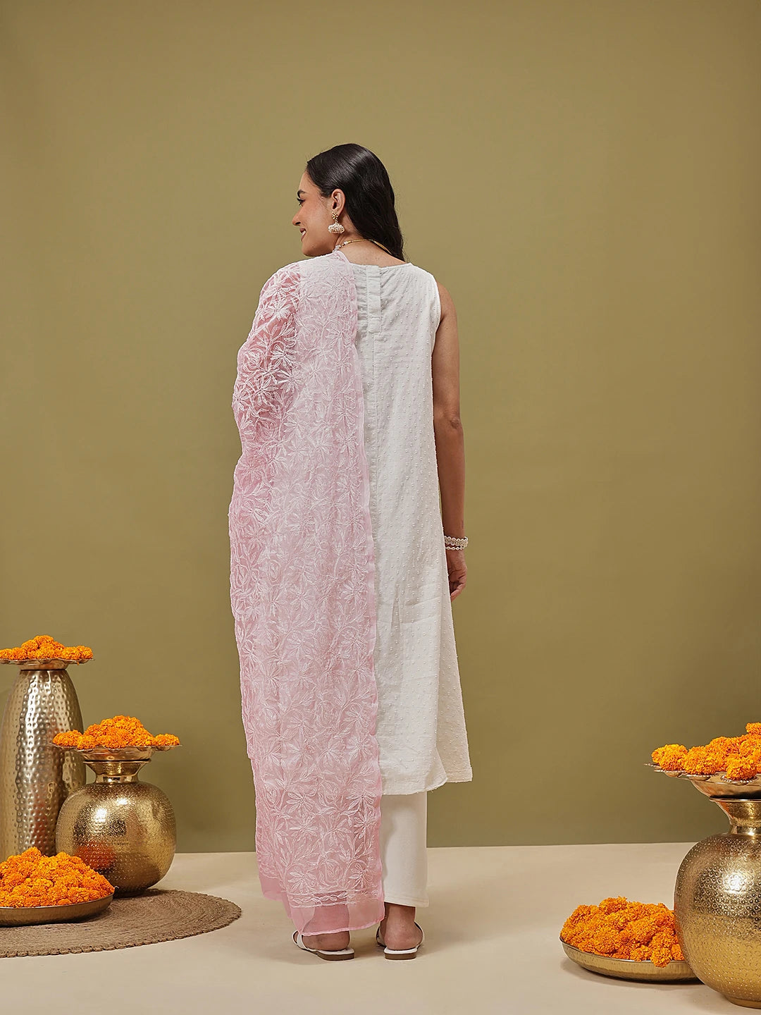 Ada Hand Embroidered Baby Pink Georgette Lucknowi Chikankari Dupatta A511230